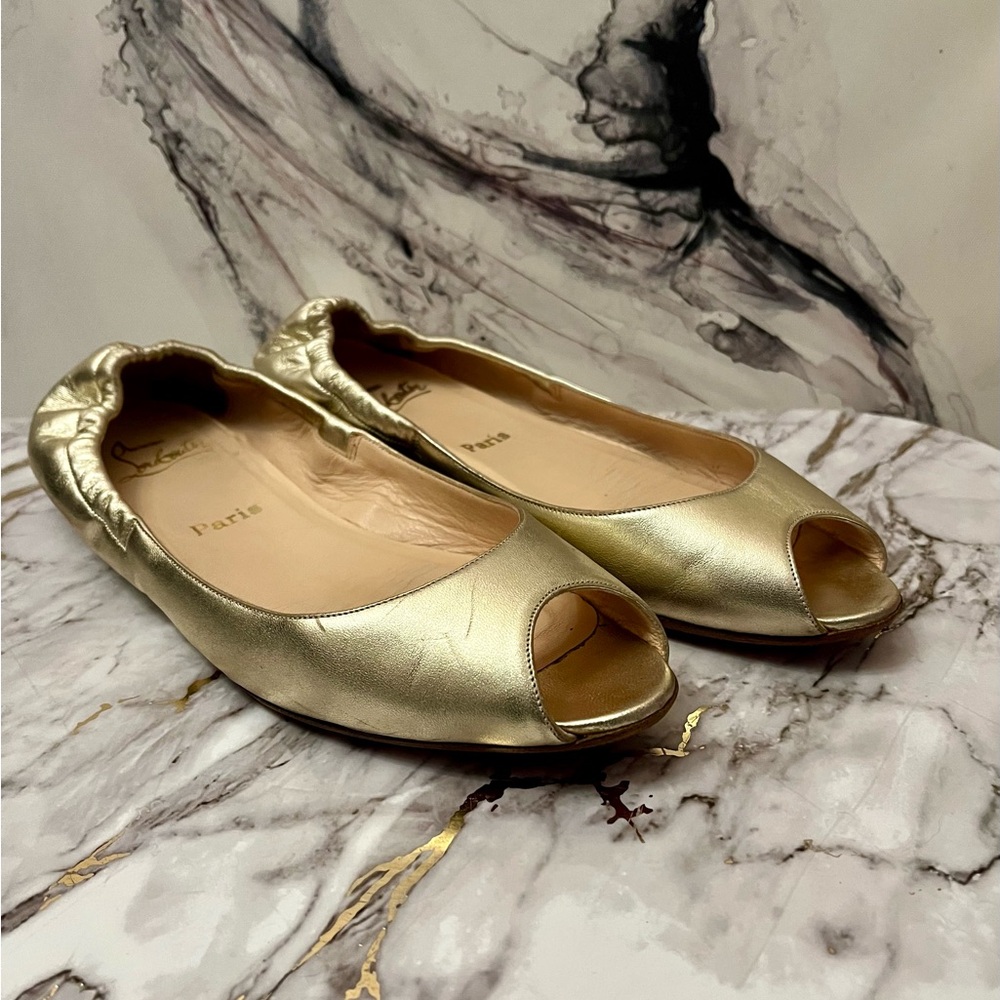 Christian Louboutin Gold Peep-Toe Ballet Flats